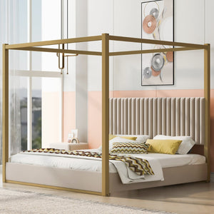 English Elm King Velvet Upholstered Four Poster Canopy Bed White Modern Bedroom Frame N7090002405A