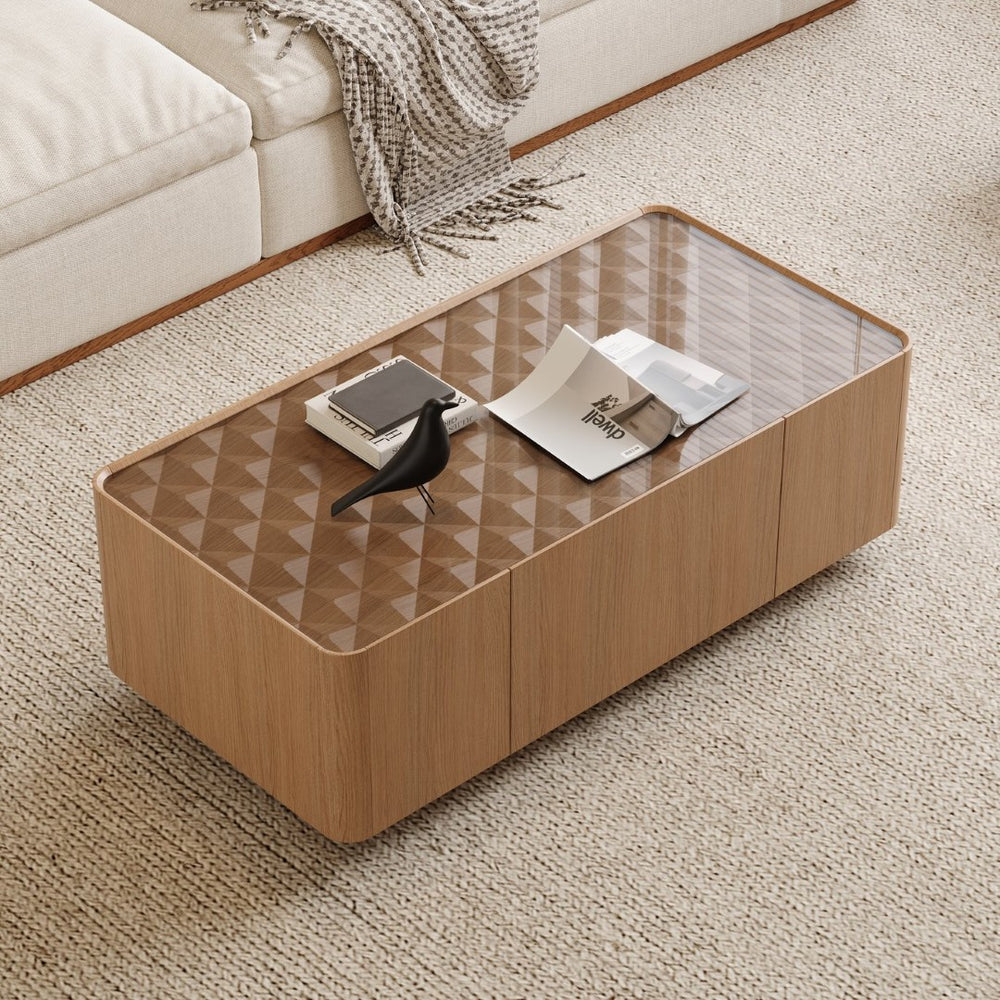 English Elm 46.8" Mid-century Walnut Coffee Table Tempered Glass Top with Concealed Drawers W2263P458487