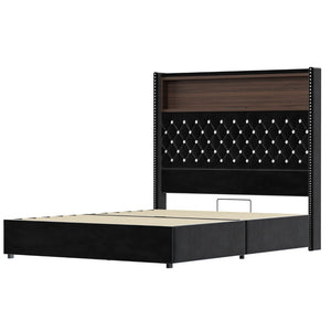 English Elm Full Velvet Wingback Platform Bed Tufted Headboard Shelf Usb Port Rivet Trim N733P368653B