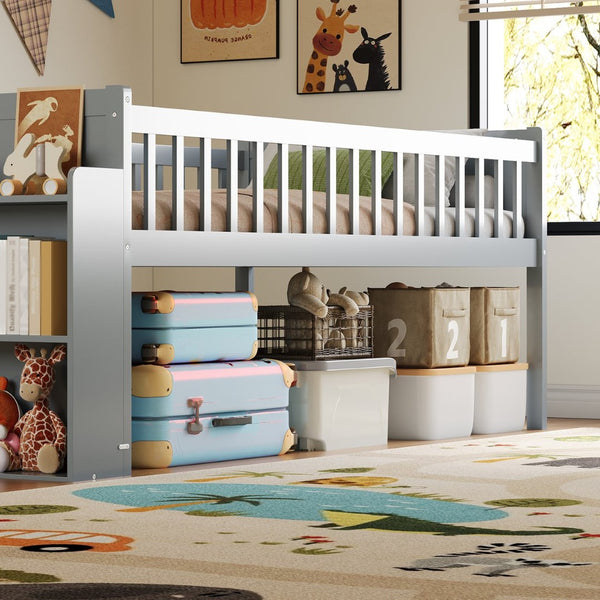 English Elm Twin Platform Kids Bed with Slide Ladder Guardrails Storage Shelf Wood Frame Gray N733S415411E