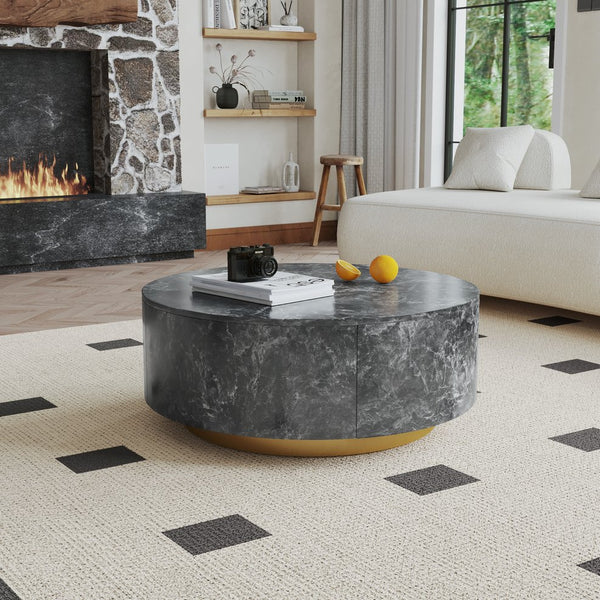 English Elm Tavola Round Coffee Table with Marble Pattern Top and Metal Legs, Two Drawers for Stylish Storage Grey B341P321161