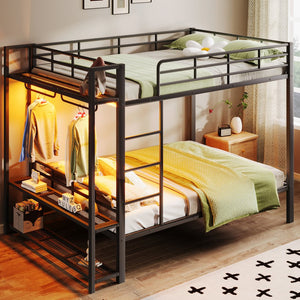 English Elm Full Size Metal Bunk Bed With Led Lighting, Storage Shelves & Hooks - Stylish Space Saver For Teens N7090000667B