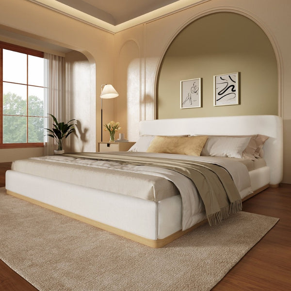 English Elm Elegant White Upholstered King Bed Solid Wood Slats Padded Headboard Modern Bedroom N769Q389476A