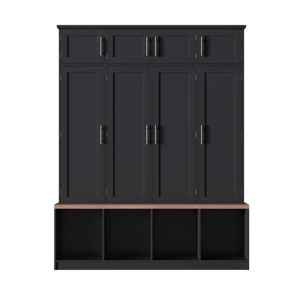 English Elm [Assembly Farmhouse Hall Tree with Walnut Bench & 8 Cabinets, 4 Hooks, Shoe Storage and Anti-Tip Design Black N721P286082B