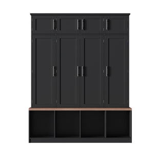 English Elm Farmhouse Hall Tree with Triple Arch Back Panel Eight Hooks Drawers and Entryway Bench Black N721S000059B-1