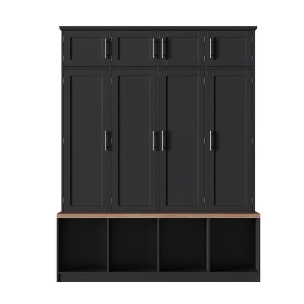 English Elm Farmhouse Hall Tree with Triple Arch Back Panel Eight Hooks Drawers and Entryway Bench Black N721S000059B-1