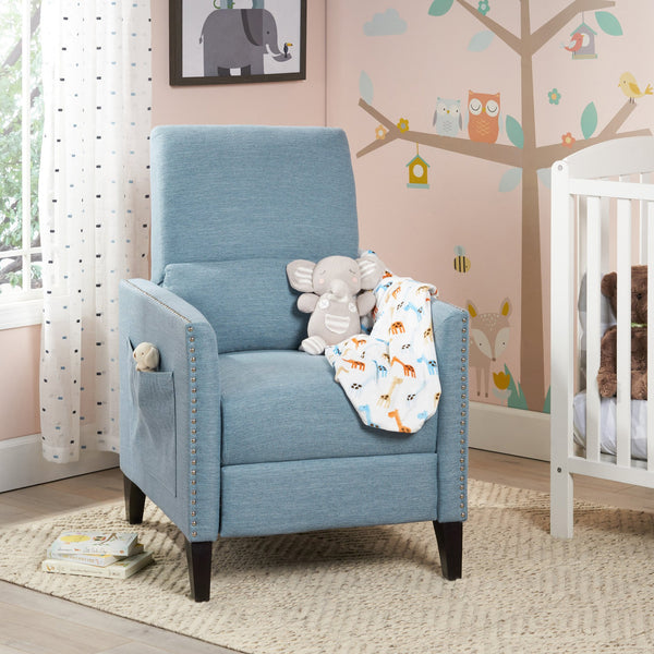 English Elm Christopher Knight Home® - PUSH Light Blue Fabric Push-Back Recliner with Nailhead Accents, Birch Wood Legs, Comfortable Relaxing Seat 65532.00LBLU