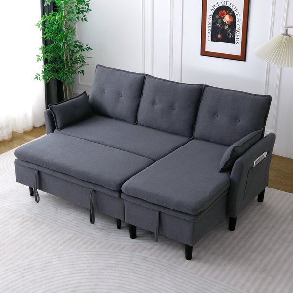 English Elm L-Shaped Reversible Chaise Sectional Sofa with Storage and Fold-Out Bed Cotton-Linen Modern Design DARK GREY W3371S00025