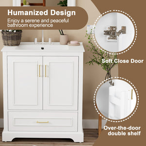 English Elm 30" Modern Bathroom Vanity with Ceramic Sink, Soft-Close Doors, Divided Drawer & Dual Door Shelves White N729P321376K