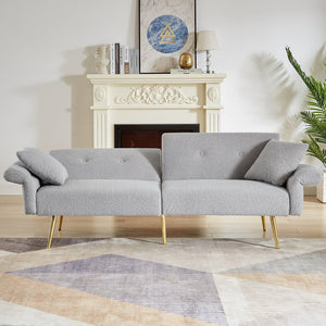 English Elm Modern Teddy Upholstered Loveseat Sofa Bed with Adjustable Backrest, Foldable Armrests & Gold Legs Grey W1117P303446