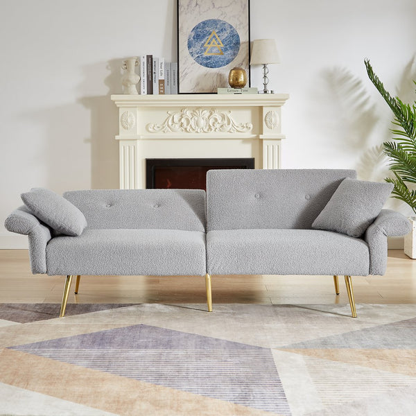 English Elm Modern Teddy Upholstered Loveseat Sofa Bed with Adjustable Backrest, Foldable Armrests & Gold Legs Grey W1117P303446