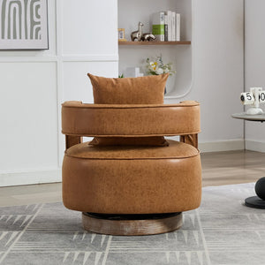English Elm 28.9"w Swivel Barrel Accent Chair Faux Leather Open Back with Rubberwood Base Brown W3188P417874