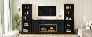 English Elm 3-piece Farmhouse Entertainment Center with Curved Cabinets Walnut Mdf Modular Living Room Black N721S000068B