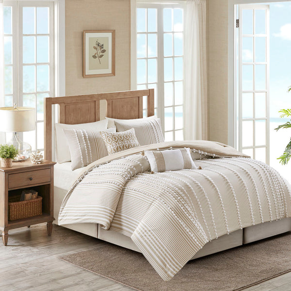 JLA Home Harbor House Blue - Embroidered Cotton Faux-Linen Oblong Pillow with Taupe Stitching and Tassel Accents for Coastal Charm 20 L x 12 W x 5H HH30-1694