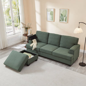 English Elm 86" Linen Sectional Sofa with Storage Ottoman Reversible Chaise for Small Spaces Dark Green W1669S00037