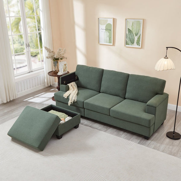 English Elm 86" Linen Sectional Sofa with Storage Ottoman Reversible Chaise for Small Spaces Dark Green W1669S00037