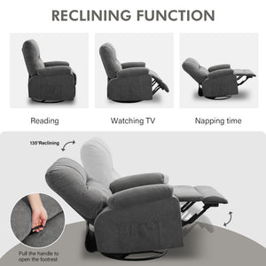 English Elm Recliner Grey 360° Swivel Rocking Lounge Chair with Thick Cushions, Arm Pockets & 330lb Metal Frame W1521P265833