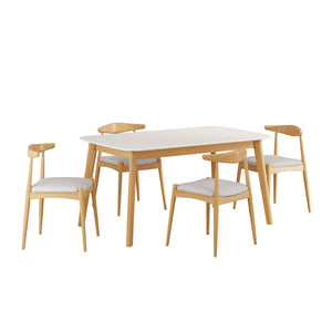 English Elm 5-piece Mid-century Modern Dining Set Rubberwood Table Splayed Legs Cushioned Chairs Beige,White+Oak N759S002002B