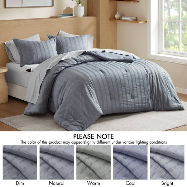 English Elm 7-piece Queen Comforter Set Woven Stripe Polyester Bedding for Neutral Minimalist Rooms Grey B035P463197