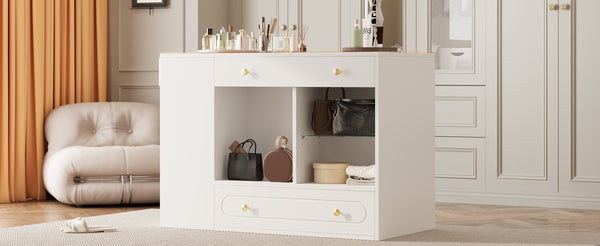 English Elm Closet Elegant walk-in island with glass display top, 6 drawers and open shelves for organized storage White 39.76 L x 17.32 W x 12.2 H N733S304513K