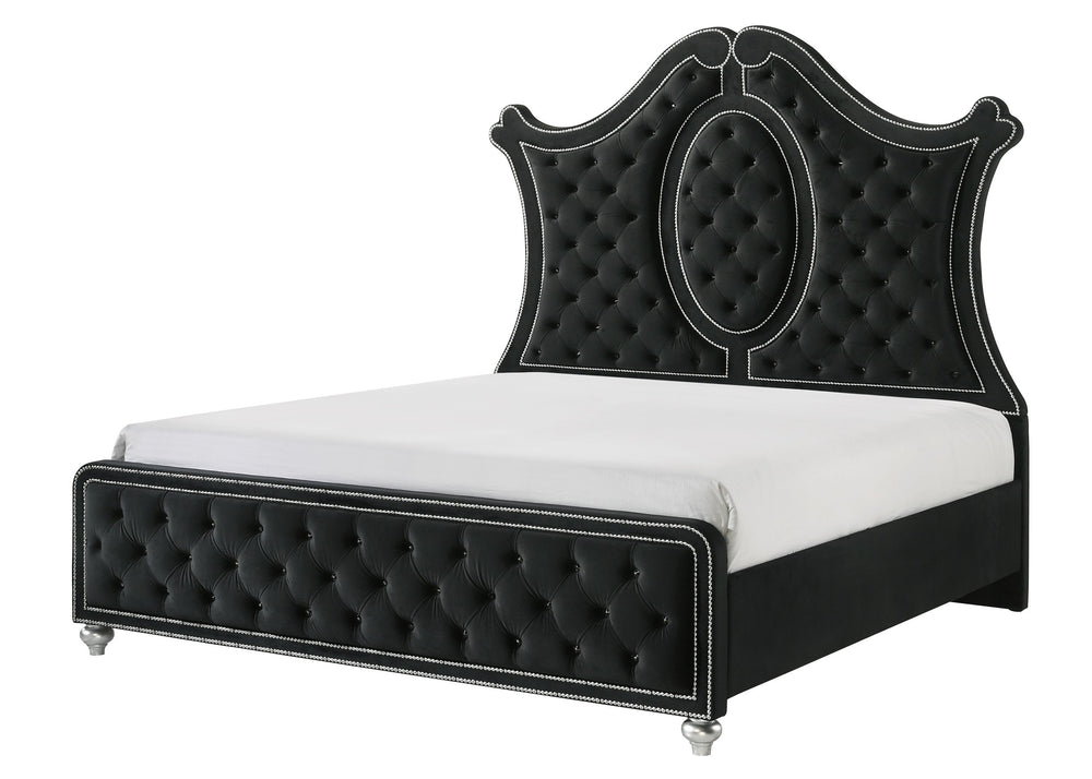 English Elm 1Pc Queen Panel Bed - Luxurious Black Upholstery, Diamond Tufted Headboard & Elegant Nailhead Trim B2741S00234