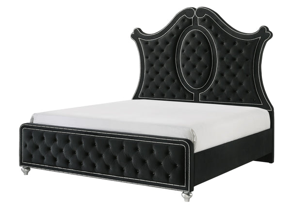 English Elm 1Pc Queen Panel Bed - Luxurious Black Upholstery, Diamond Tufted Headboard & Elegant Nailhead Trim B2741S00234