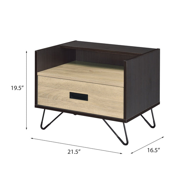 English Elm Oak Modern Oak and Black Nightstand with Drawer, Open Shelf & Metal Legs, Smooth Glide Storage B062P181411