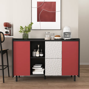 English Elm Sideboard Buffet Cabinet - Modern Black & Red Storage Solution With Drawers & Open Shelves For Style W409P176598-GIGA