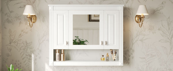English Elm 35inch White Wall Mounted Medicine Cabinet Mirrored Doors Open Shelving Bathroom Storage N710P415335K