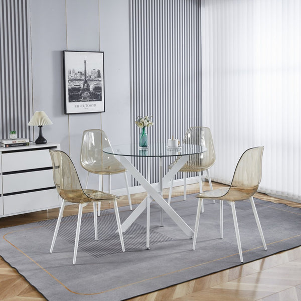 English Elm Dining Table Square Tempered Glass Top Cross Metal Base Modern Space Saving Design W234P235263