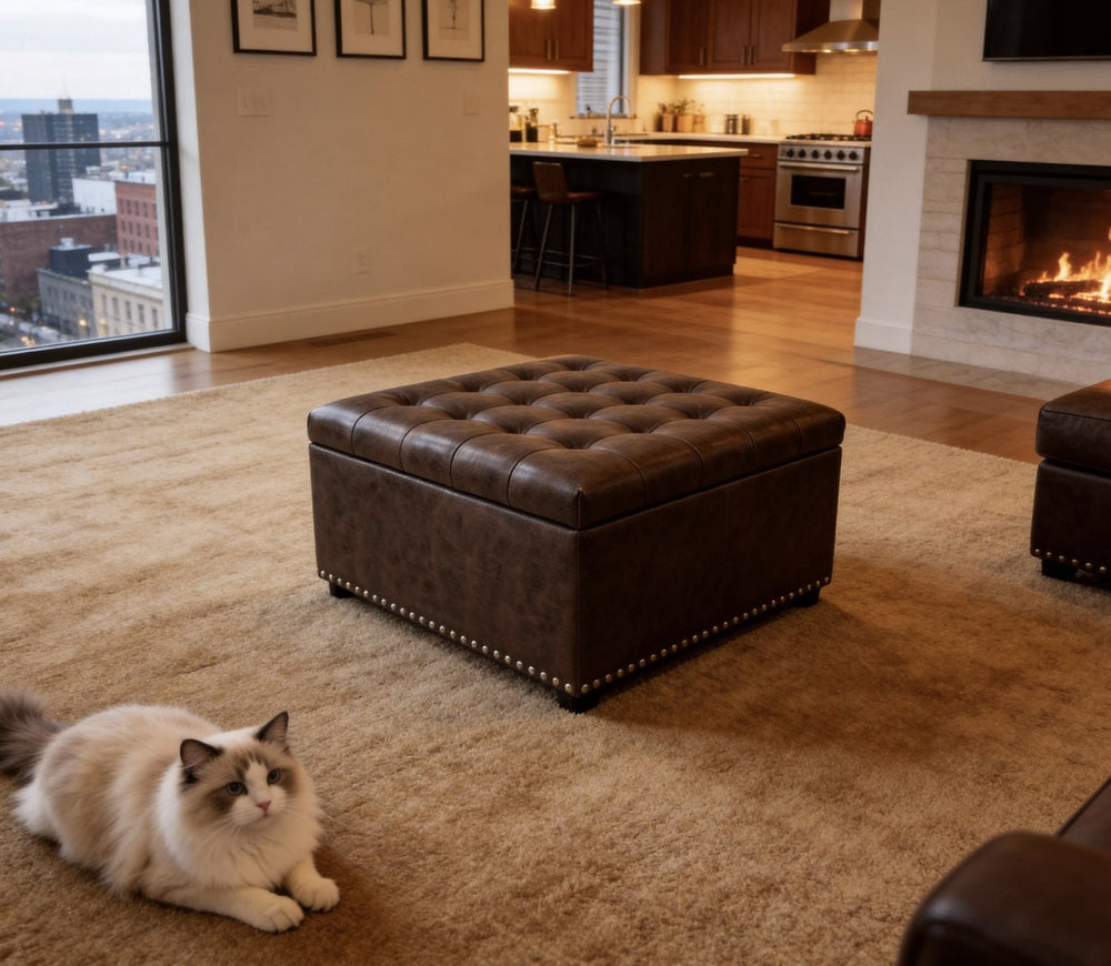 English Elm Tufted Linen Square Ottoman with Lift Top Storage Nailhead Trim Living Room B2748P488877