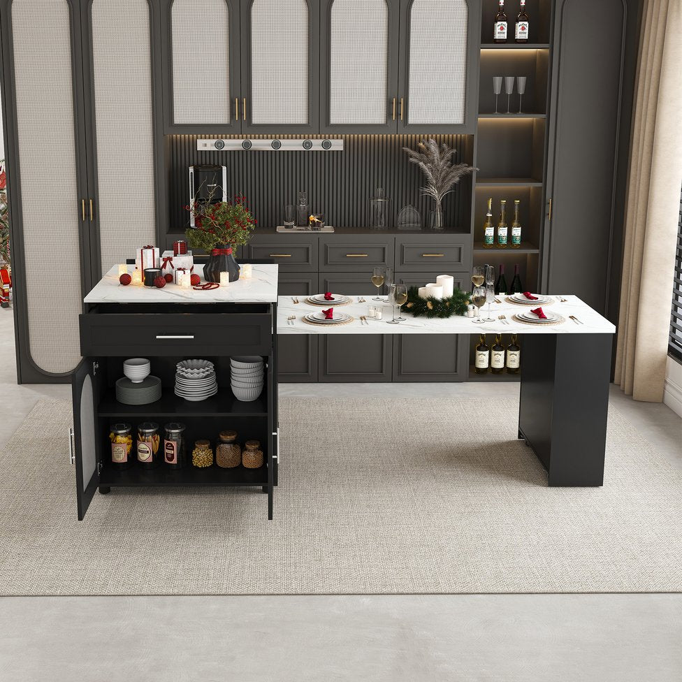 English Elm 80-inch Expandable Kitchen Island with Charging Station, Solid Wood-Grain Top, Mobile Storage Cart Black W2700S00075