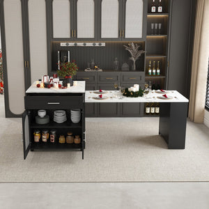 English Elm 80-inch Expandable Kitchen Island with Charging Station, Solid Wood-Grain Top, Mobile Storage Cart Black W2700S00075