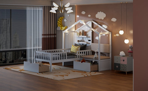English Elm Twin House Bed Frame with Sofa Seating Led Lighting Drawers and Wireless Charging LP000521AAK-1