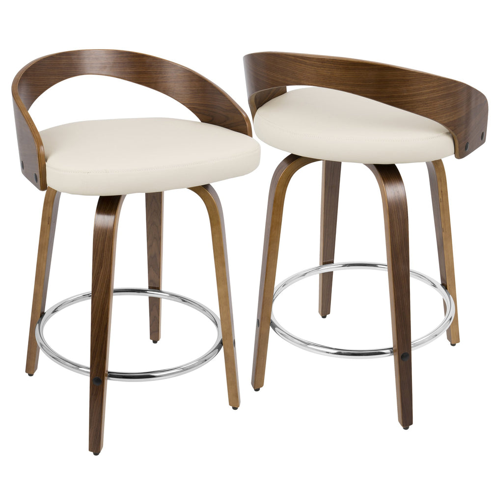 English Elm Grotto Mid-Century Counter Stool with Swivel, Cherry Wood Frame and Faux Leather Seat, Set of 2 Cream B202S00067