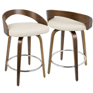 English Elm Grotto Mid-Century Counter Stool with Swivel, Cherry Wood Frame and Faux Leather Seat, Set of 2 Cream B202S00067
