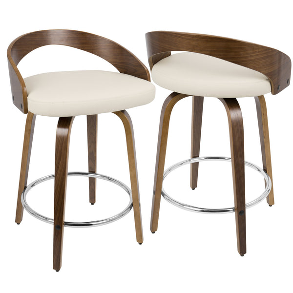 English Elm Grotto Mid-Century Counter Stool with Swivel, Cherry Wood Frame and Faux Leather Seat, Set of 2 Cream B202S00067