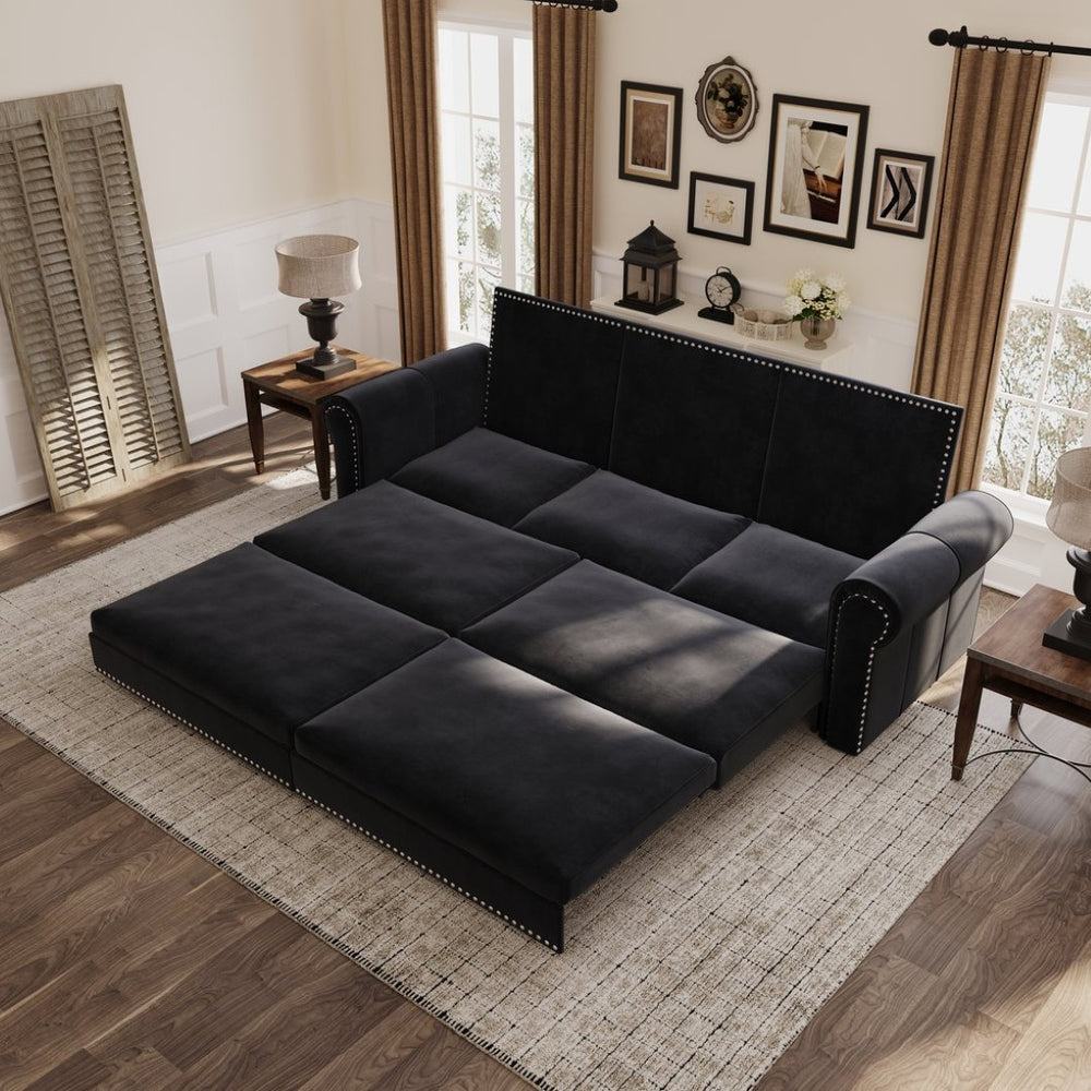 English Elm Chesterfield Velvet King Sleeper Sofa with Nailhead Trim and Rolled Arms for Living Room W1885S00314