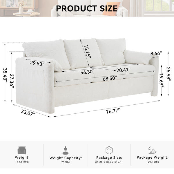 English Elm 004-Modern Plush 3-Seater Chenille Sofa 77" — Deep Seat, High-Density Foam, 750LB Capacity, Ivory White W2636P232362