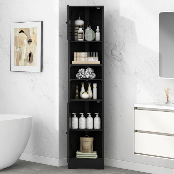 English Elm Multi-Functional Corner Cabinet Tall Trapezoid Bathroom Storage with Adjustable Shelves, Doors, Anti-Dump Device Black WF530911AAB