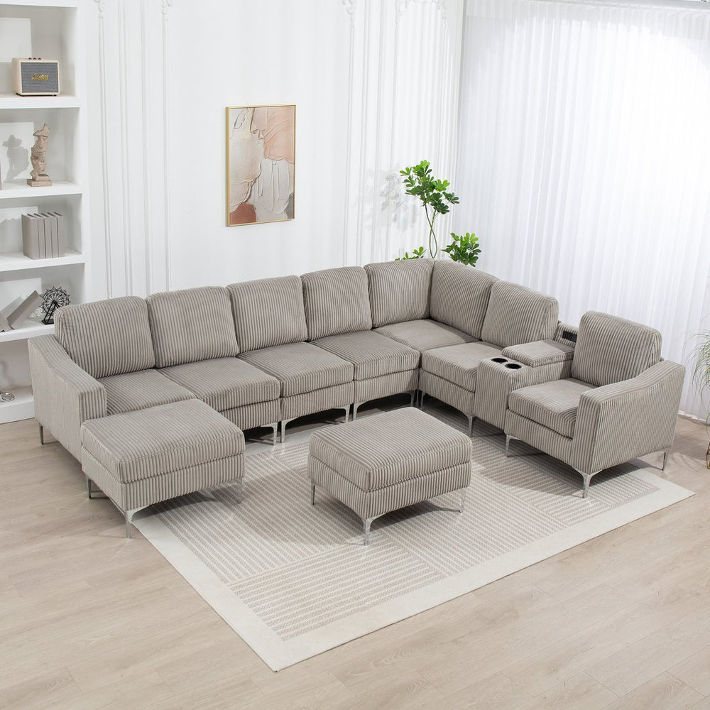 English Elm Convertible Sectional Sofa With Storage Ottoman, Usb Ports & Cupholders For Modern Living Rooms W3098S00033