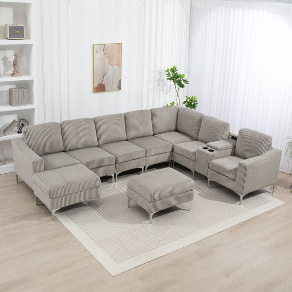 English Elm Convertible Sectional Sofa With Storage Ottoman, Usb Ports & Cupholders For Modern Living Rooms W3098S00033