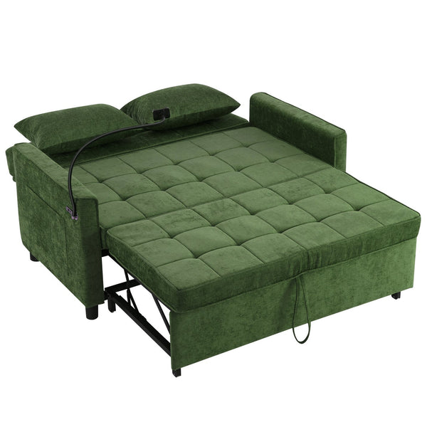 English Elm 56.9" Loveseat Sofa Bed with Chenille Upholstery, USB Ports, Phone Holder, Side Pockets, Reclining Backrest Green N719P208853F