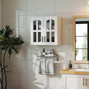 English Elm Wall Mounted Glass Door Display Cabinet with Fixed Shelves for Kitchen or Bathroom W331P379955