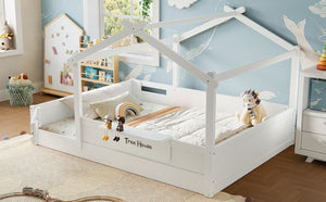 English Elm Queen House Shaped Kids Floor Bed Pine Wood Frame with Guardrails and Personalized Headboard Light White W1580P396334