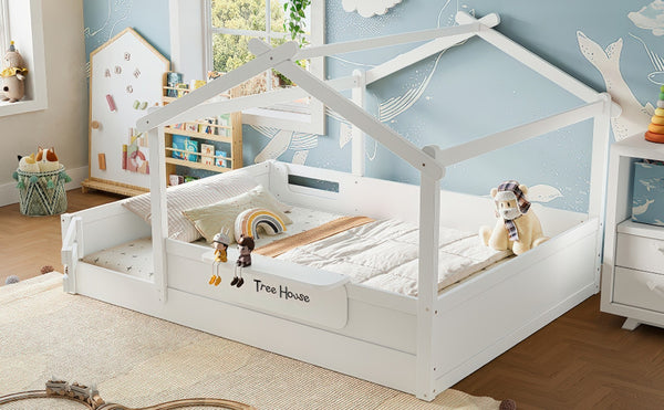 English Elm Queen House Shaped Kids Floor Bed Pine Wood Frame with Guardrails and Personalized Headboard Light White W1580P396334