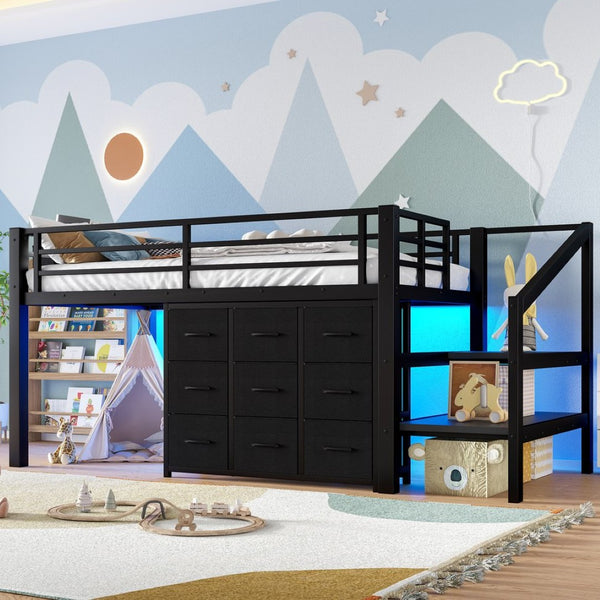English Elm Twin Metal Low Loft Bed with Storage Stairs Fabric Drawers and Built-in Lights Black W5305S00045
