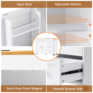 English Elm K&K 43.3" Kitchen Island with 27.6" Extendable Dining Table, Power Outlet, 7 Wheels, Ample Storage White N707P303401W
