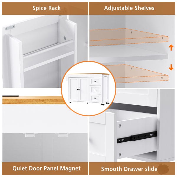English Elm K&K 43.3" Kitchen Island with 27.6" Extendable Dining Table, Power Outlet, 7 Wheels, Ample Storage White N707P303401W