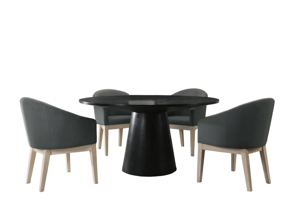 English Elm Jacopo Round Pedestal Dining Set with Four Upholstered Barrel Chairs in Modern Style B2749S00288